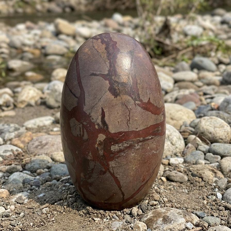 Hand-sized oblong Shiva Lingam stone outdoors